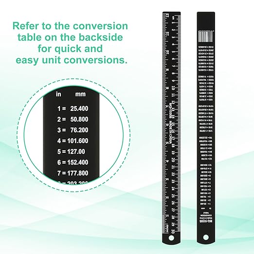 PATIKIL 30cm/12 Metal Ruler, 2 Pack Aluminum Alloy Rulers with Centimeters, Millimeters, Inches and Conversion Table Straight Edge Ruler for Writing Machinist Drafting, Black-DeskLoop Office