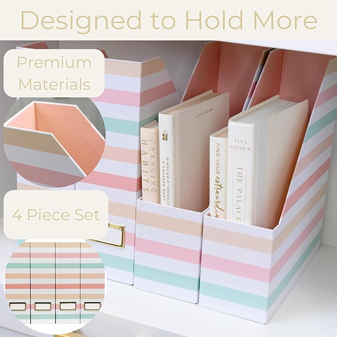 BLU MONACO Set of 4 Foldable Magazine Holders in Pastel Stripes – Sturdy Cardboard Vertical Organizers with Label Holders – Office File Storage Box, Desk Organizer, Paperwork and Document Holder-DeskLoop Office