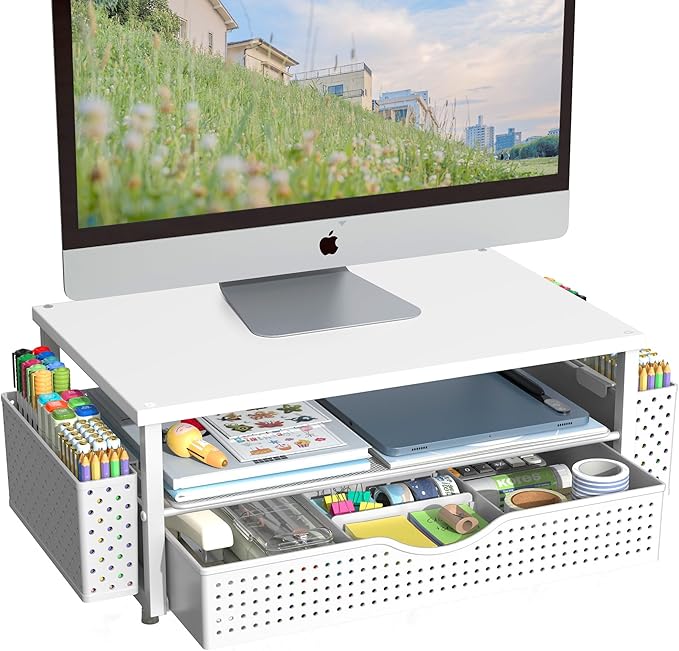 Desk Organizer and Accessories, Computer Monitor Stand Riser with Drawer and 2 Pen Holders, Office Desk Accessories & Workspace Organizers for Office Supplies (White)-DeskLoop Office