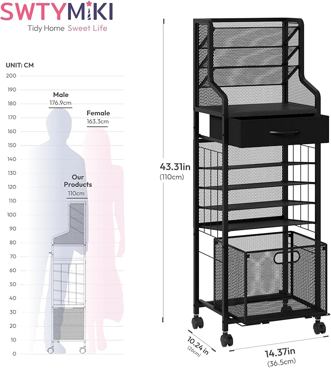 SWTYMIKI 10-Tier Rolling File Cart - Mesh Paper Organizer with Drawer and Hanging File Folders on Lockable Wheels, Wood Teacher Cart for Office Organization, Storage in Home, Studio, School (Black)-DeskLoop Office