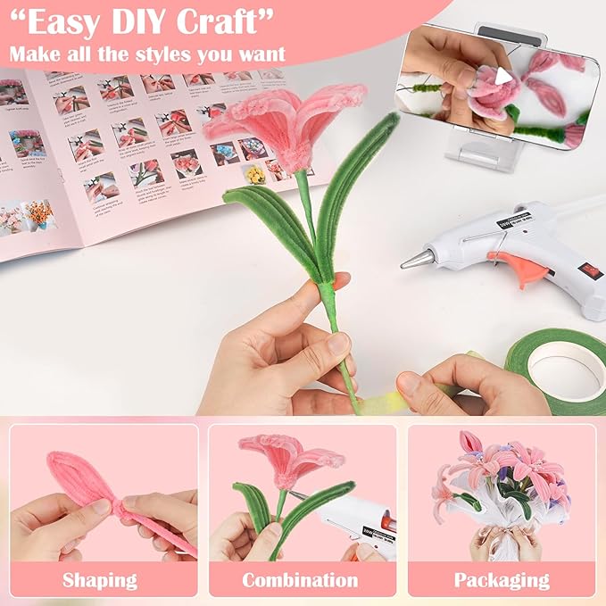 500 PCS Pipe Cleaners Craft Kit for Flower Making Lily DIY Material Bundle with 20 Stems, 100 Stamens, Ribbon, Tulle, Glue Sticks & Step-by-Step Guide Vibrant Colors, Non-Shedding, Fade-Resistant-DeskLoop Office