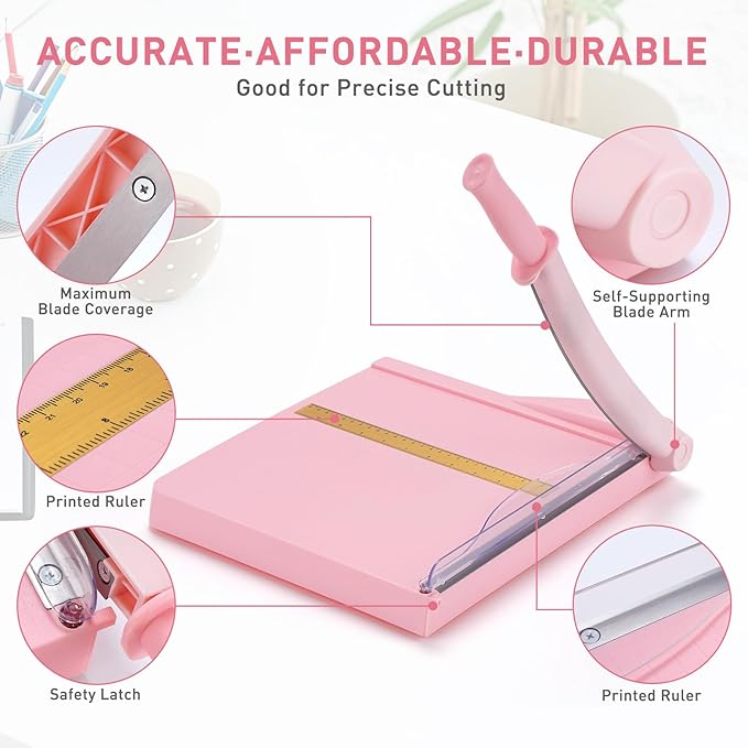 Paper Cutter, Paper Trimmer with Safety Guard, 12" Cut Length Paper Slicer with 16 Sheet Capacity Paper Cutting Board,Guillotine Paper Cutters and Trimmers for Cardstock Cardboard Vinyl (Pink)-DeskLoop Office