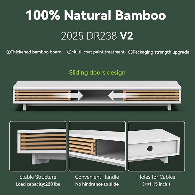 Dual Monitor Stand Riser with Sliding Door, Double Computer Laptop Stand Desk Shelf Organizer with Storage (White + Natural Bamboo, 38 Inch)-DeskLoop Office