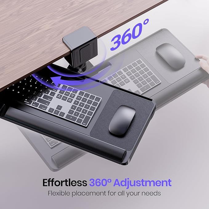 Klearlook Upgraded Adjustable Keyboard Tray for Above Desk & Under Desk Use - Ergonomic Sit-Stand Keyboard Riser with 360° Rotation, 24.4"×10" Keyboard Stand with Wrist Rest & Storage Drawer - Black-DeskLoop Office