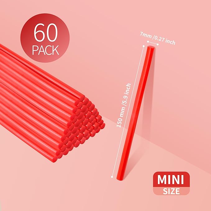 MATUFF Red Hot Glue Sticks Mini 0.27" x 5.9 inches, Colored Hot Melt Mini Glue Sticks for All Temperature Mini Glue Guns, for DIY Craft Arts and Wedding Cards, Stamp Sealing, Bulk Red hot Glue 60 Pack-DeskLoop Office