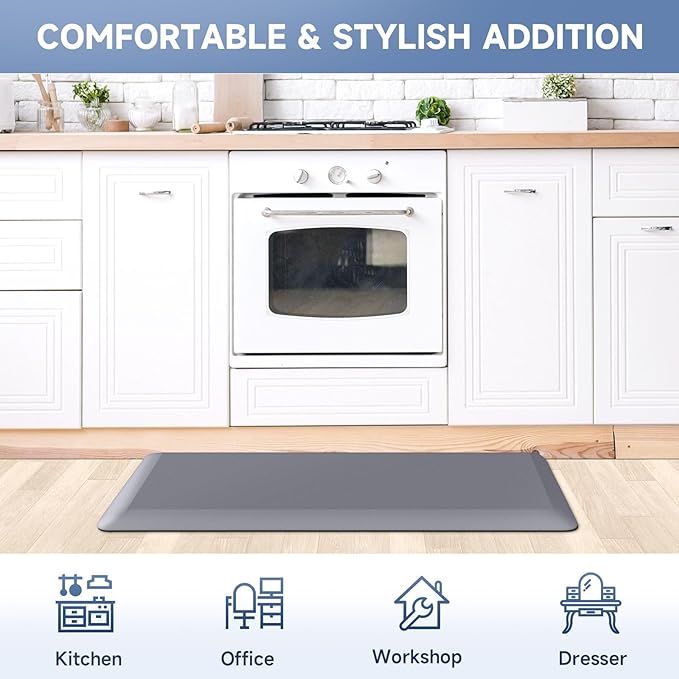 4/5 Inch Thick Kitchen Mat Anti Fatigue Mat Kitchen Rugs Kitchen Decor Non-Slip, Stain Resistant, Waterproof Kitchen Mats Desk Mat for Kitchen, Office, Workshop, Grey, 17'' x 60''-DeskLoop Office