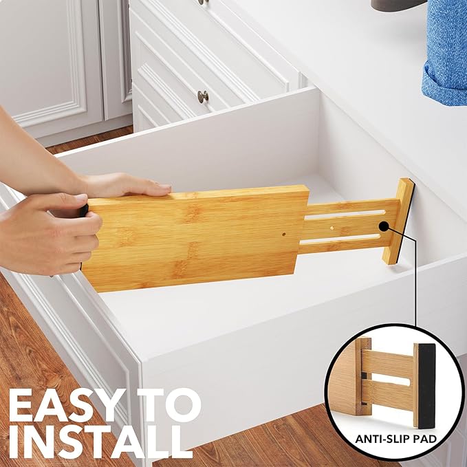 SpaceAid Bamboo Dresser Drawer Dividers 6 Pack, 4.65“ High Adjustable 12.5“-17” Drawer Organizers, Expandable Organization for Clothing, Clothes, Dressers, Natural-DeskLoop Office