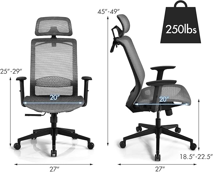 POWERSTONE Ergonomic Mesh Office Chair - High Back Computer Desk Tilt Lock Mesh Seat with Lumbar Support and Clothing Hanger, Executive Swivel Mesh Chair with Adjustable Arms and Headrest (Grey)-DeskLoop Office