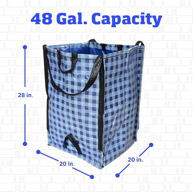 DURASACK Heavy Duty Home and Yard Bags 48-Gallon Reusable Self-Standing Lawn and Leaf Bags Garbage Can with Reinforced Handles, Gingham Blue, 3 Pack-DeskLoop Office