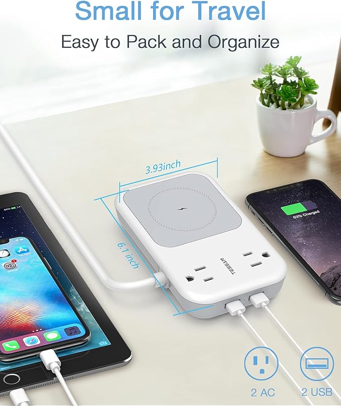 Wireless Charger Small Power Strip 2 USB A Ports, TESSAN Mini Flat Plug Nightstand Desktop Charging Station with 2 Outlet 4 ft Extension Cord, Compatible with iPhone and Samsung for Dorm Room Cruise