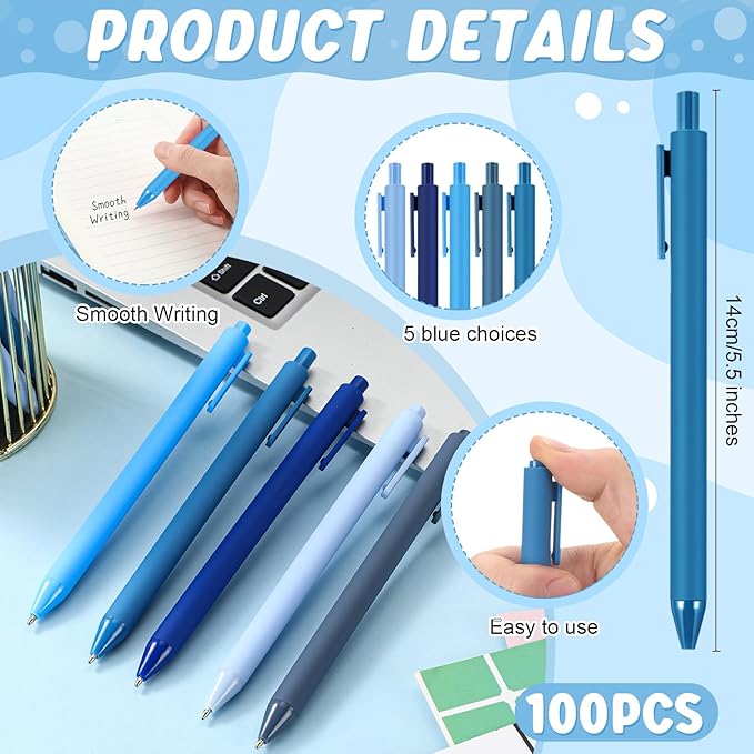 100 Pcs Ballpoint Pens Bulk Retractable Writing 1. 0 mm Black Ink Cute Pens Smooth Writing Color Fancy Gift for Teacher Student Employee Office School Home Baby Shower Supplies (Blue Series)-DeskLoop Office