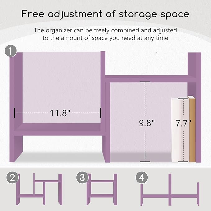 Jerry & Maggie Desktop Organizer Office Storage Rack Adjustable Wood Display Shelf Free Style Double H, Multi-Functional Mini Bookshelf for Desk Natural Stand (Violet)-DeskLoop Office