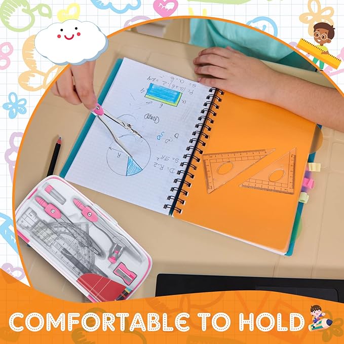 Teling 24 Sets Math Geometry Kit for Students 10 Pcs Compass Geometry Tools Set Includes Rulers Protractor Compass Eraser Pencil Sharpener Lead Refills Pencil (Multi Color)-DeskLoop Office