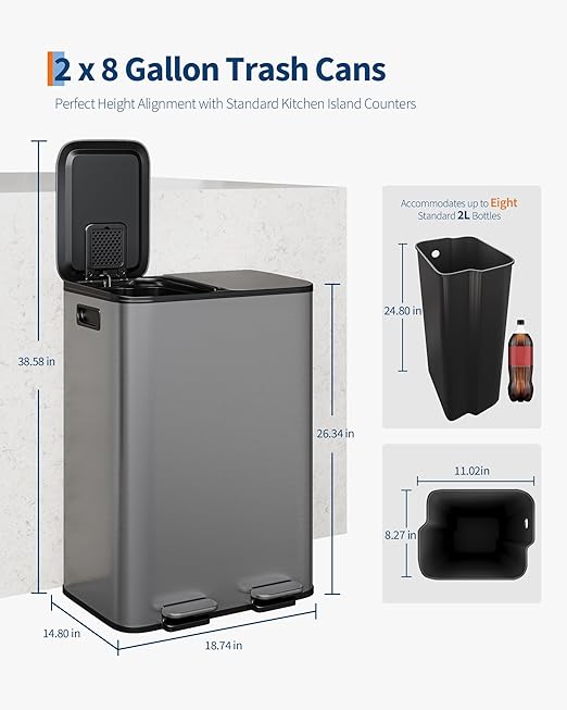 GarveeHome 2 x 8 Gallon Stainless Steel Double Trash Can with Lid for Kitchen, Large Dual Trash and Recycle Bin Combo, Step-on Kitchen Metal Garbage Cans, PP Inner Buckets, Liner Rim, Matte Grey-DeskLoop Office