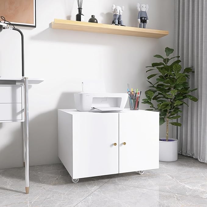 Under Desk Printer Stand with Wheels, Low Printer Stand Storage, Filing Cabinet with Paper Storage Shelf, File Carts with 2 Doors, Mobile Printer Holder for Home Office, School, White-DeskLoop Office