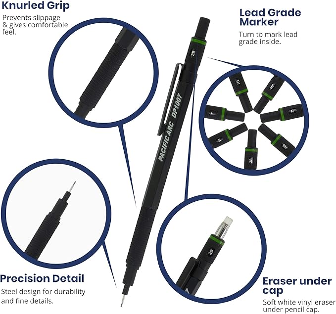 Pacific Arc Chromagraph Metal Mechanical Pencil .7 mm Black Barrel Mechanical Pencil with Built In Lead Pencil Grade Indicator, Lead Pencil Holder for Drafting, Sketching, and Drawing-DeskLoop Office