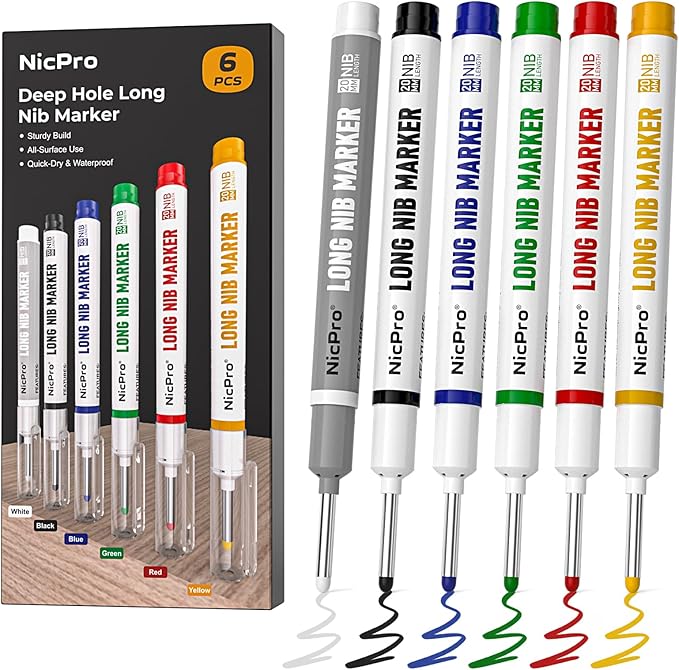 Nicpro 6 PCS Long Nib Marker Pens, 20mm Deep Hole Marker, Quick Dry & Waterproof Construction Markers, Long Head Markers for Metal, Steel, Tile, Glass, Carpenter Marking Pen for Woodworking (Colorful)-DeskLoop Office