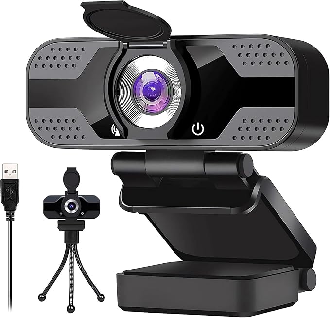 Full HD 1080p Webcam with Privacy Shutter and Tripod, Video and Wide Angle Camera, Built-in Mic, Widescreen USB Computer Camera for Laptop Desktop-DeskLoop Office
