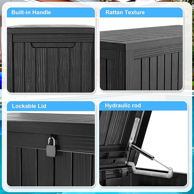 200 Gallon Lockable Resin Deck Box, Waterproof & UV-Resistant Outdoor Storage Box for Outdoor Cushion Storage, Garden Tools & Pool Accessories Storage, Black-DeskLoop Office