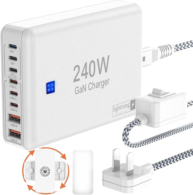 240W Fast Charging Blocks, 8-Port Charging Station for iPhone/Ipad/MacBook, 6C2A PD GaN Charger Box, USB Tower Hub 5ft Braided Power Cord with On/Off Switch, Flat Plug, Travel Essentials-DeskLoop Office