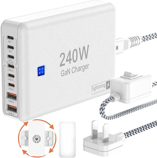 240W Fast Charging Blocks, 8-Port Charging Station for iPhone/Ipad/MacBook, 6C2A PD GaN Charger Box, USB Tower Hub 5ft Braided Power Cord with On/Off Switch, Flat Plug, Travel Essentials-DeskLoop Office