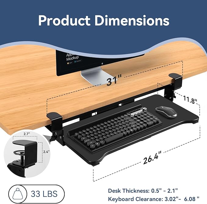 VUSIGN Keyboard Tray Under Desk Height Adjustable,Pull Out with Adjustable C Clamp Mount System for L-Shaped Tables, Extra Sturdy, 26.4” x 11.8” Slide-Out Platform Computer Drawer for Typing, Black-DeskLoop Office