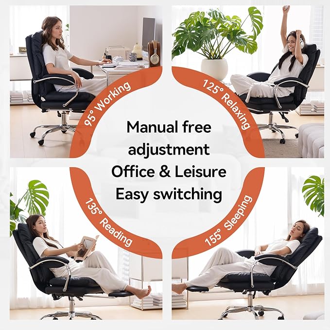 LEAGOO Reclining Office Chair with Foot Rest, Executive Office Chairs with Arms, Ergonomic High Back PU Leather Comfy Swivel Computer Desk Chairs with Wheels and Lumbar Support for Home Office, Black-DeskLoop Office