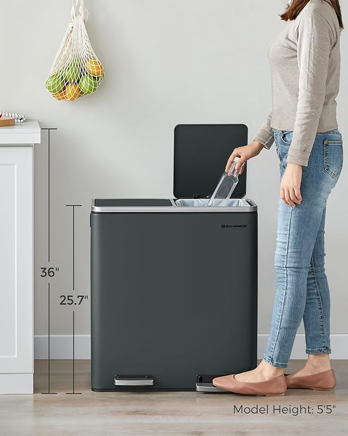 SONGMICS Trash Can, 2 x 8 Gallon (2 x 30 L) Garbage Can for Kitchen, with 15 Trash Bags, 2 Compartments, Plastic Inner Buckets and Hinged Lids, Airtight, Greenish-Gray ULTB60GS02-DeskLoop Office