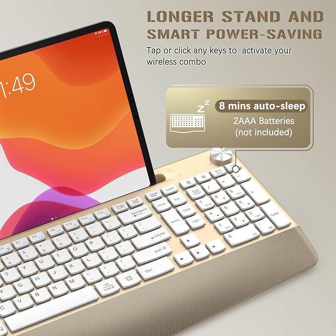 JOYACCESS Ergonomic Wireless Keyboard with Palm Rest & Tilt Angle, 2.4G Full-Size, Comfortable Typing, USB-C Adapter & Phone Holder for Mac/Windows -Gold White-DeskLoop Office