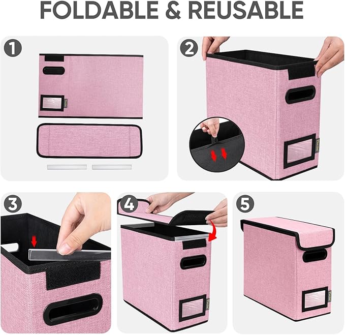 BALEINE File Organizer Box with Lid, Collapsible File Folder Organizer with Plastic Slide, Hanging File Folder Box for Office Document Storage (1 Pack, Pink, S)-DeskLoop Office