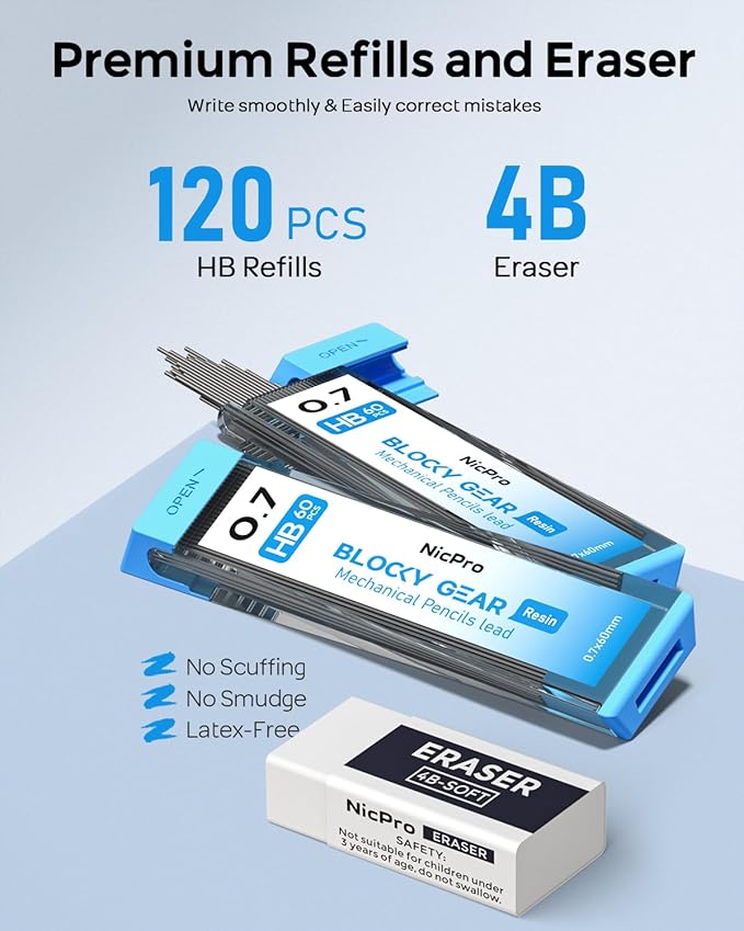 Nicpro Blocky Gear 0.7 mm Mechanical Pencils Set in Case, Metal Pencil with Lead Refills, Eraser for Professional & Adult Art Writing Drafting Drawing-DeskLoop Office