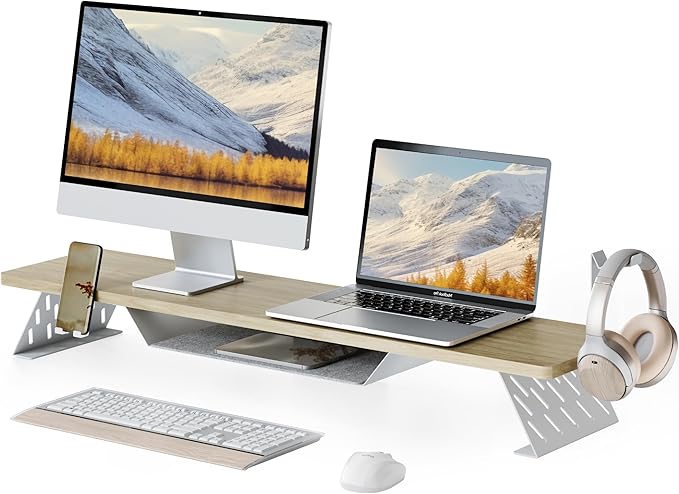 Fenge Dual Monitor Stand, 42.5 Inch Monitor Riser for Desk, Wood Desk Shelf for 2 Monitors, 2 Tier Monitor Shelf with Headphone Stand & Phone Holder-DeskLoop Office