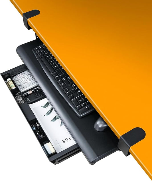 EHO Keyboard Tray with Drawer - Clamp On Under Desk Pull Out Extender Table Attachment Platform with Storage Organizer, Large 27.5" (31.8" Including Clamps) x 12.2", Height Adjustable for Home Office-DeskLoop Office