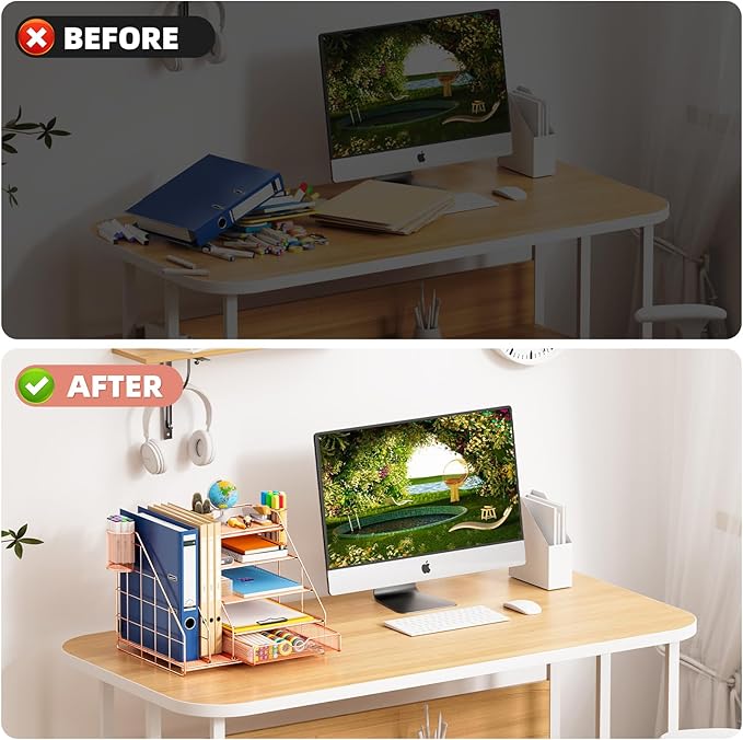 Marbrasse Desk Organizer with File Holder, 5-Tier Desk Organizers and Accessories with Drawer and 2 Pen Holder, Mesh Paper Letter Tray, Desktop Organizer and Storage for Office Supplies (Rose Gold)-DeskLoop Office