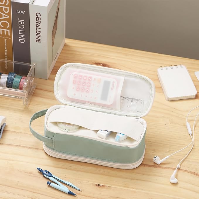 Large Pencil Case Zipper Pencil Pouch for Girls Adults Kids Aesthetic Pencil Bag with Handle Portable Big Capacity Pen Bag Organizer for School Office Green-DeskLoop Office