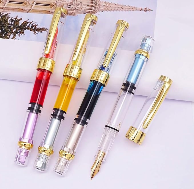 Lanxivi 4 Colors Yongsheng 3008A Fountain Pen Piston Filling Upgraded Fine Nib,Transparent Gold Trim-DeskLoop Office