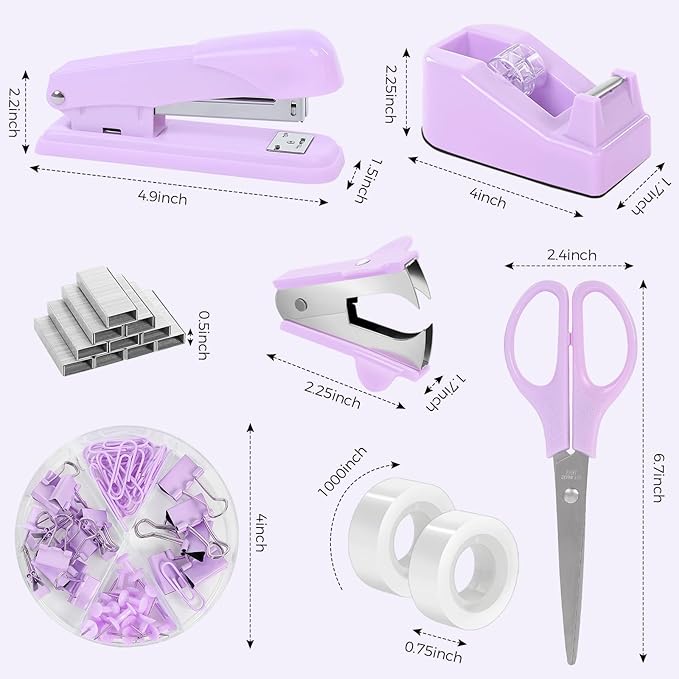 SKYDUE Purple Desk Accessories, Purple Office Supplies Set, Stapler, Tape Dispenser, Scissors, Binder/Paper Clips and 1000pcs Staples,Office Supplies for Women-DeskLoop Office