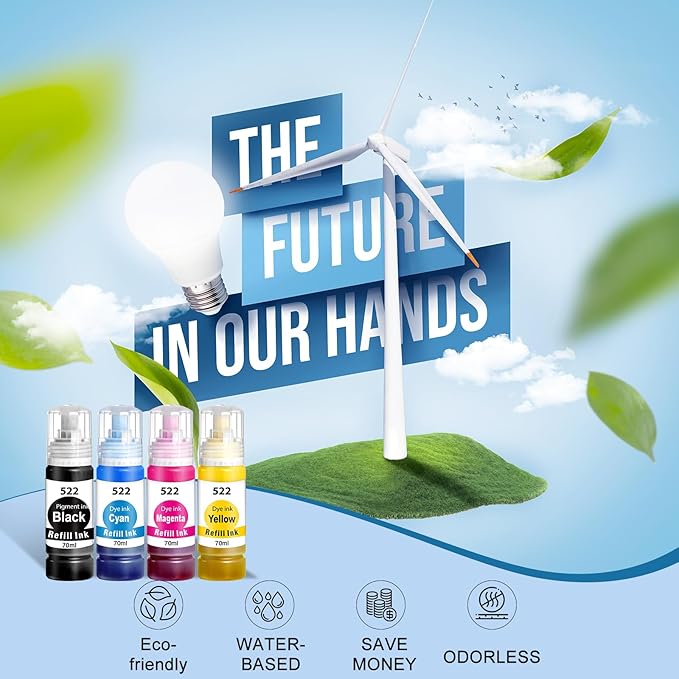 522 High Capacity Ink Refill Bottle Combo Pack Compatible for Epson 522 Ink Works with EcoTank ET-2400, ET-2720, ET-2800, ET-2803, ET-2840, ET-4700, ET-4800, ET-4810 Printer (4 Pack,70ML)-DeskLoop Office