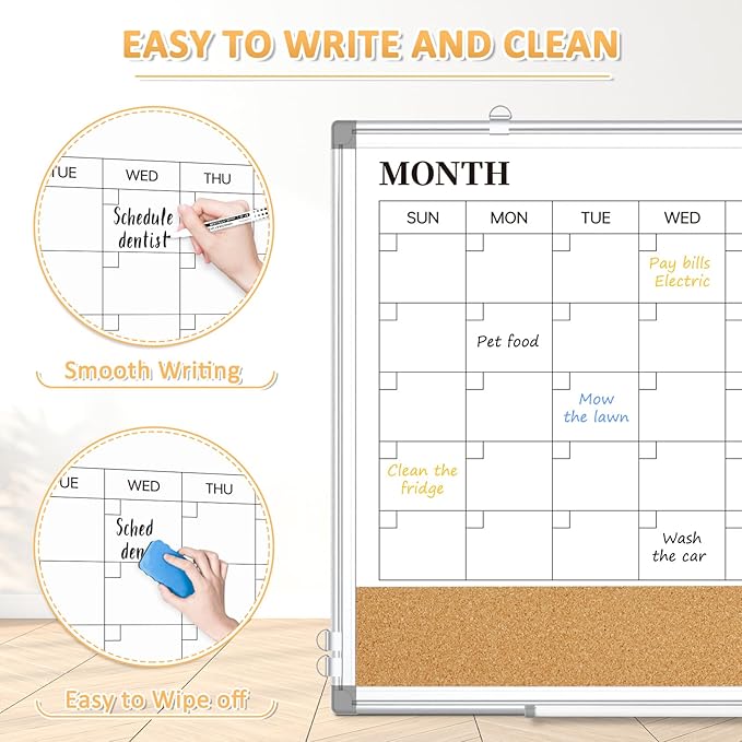 Dry Erase Calendar Whiteboard for Wall, 24"x18" Magnetic Monthly White Board Cork Board Combo, Double Sided, Aluminum Frame, Wall Hanging Wipe Board for Home, Office, School, Dorm-DeskLoop Office