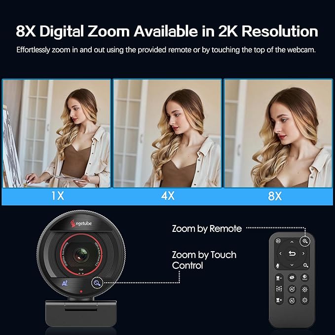 Angetube AI Webcam for PC - 1080p/2K@60FPS HD Web Camera with Remote Control, 8X Digital Zoom Webcam, Privacy Cover, TOF Auto Focus, HDR, USB 3.0 Web Cam Work with Zoom, Skype,Teams, Windows,Mac-DeskLoop Office