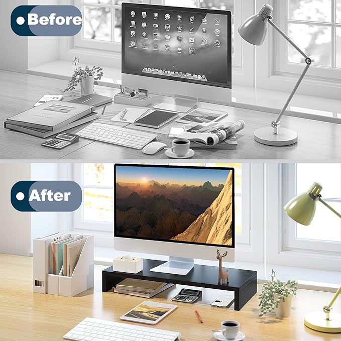 TEAMIX 20 Inch Monitor Stand Riser, Black Desktop Stand for PC/TV/Laptop/Printer, Wood Monitor Riser with Storage, Computer Stand Keyboard Organizer-DeskLoop Office