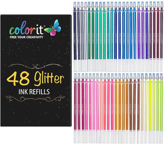 ColorIt 48 Gel Pen Ink Refills for Glitter, Metallic, and Neon - Color Coded for Easy Replacement (Glitter) - Pen Refills-DeskLoop Office
