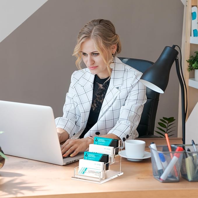 HIIMIEI Acrylic Business Card Display, Multiple Card Holder for Office, Home, Restaurant - 4 Slot 4 Tier-DeskLoop Office