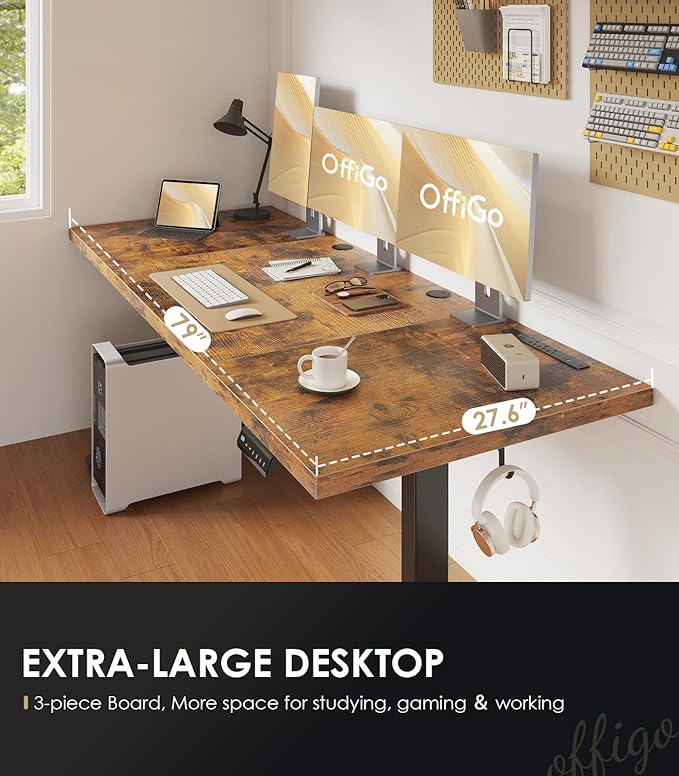 OffiGo Electric Standing Desk with 3-Piece Board, 79 Inch Height Adjustable Large Desk with Power Outlets, Sit Stand Table, Writing Computer Desk for Home, Office, Workstation, Rustic Brown-DeskLoop Office