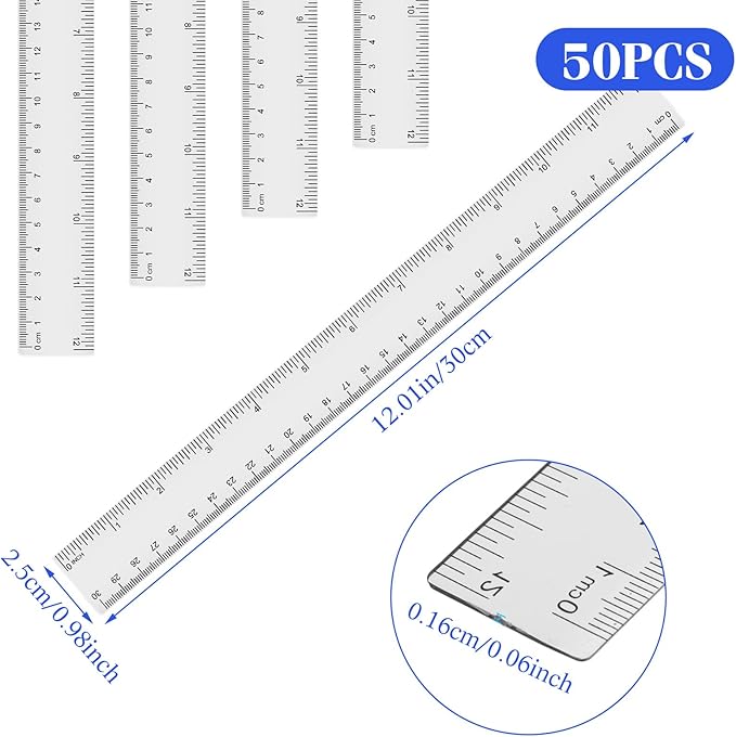 Zonon 50 Pcs 6 Inch/12 Inch Plastic Rulers Bulk Flexible Straight Rulers with Inches Centimeters First Day of School Gift Students Back to School Office Home Supplies(Clear,12 Inch)-DeskLoop Office
