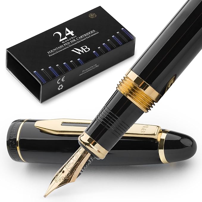 Wordsworth & Black Majesti Fountain Pen-(Black), Luxury Case, Gold Finish; 18K Gilded Medium Nib- Ink Cartridges, Refillable Ink Converter-Calligraphy Pen-Best Business Gift Set for Men & Women-DeskLoop Office