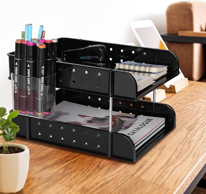 Stackable Letter Tray Papers Organizers, A4 Size Desk Organizer Tray for Letter Paper Stationery Desk Accessories, Plastic Black Paper Holder File Organizer for Office, School, Home (Dark Black)-DeskLoop Office