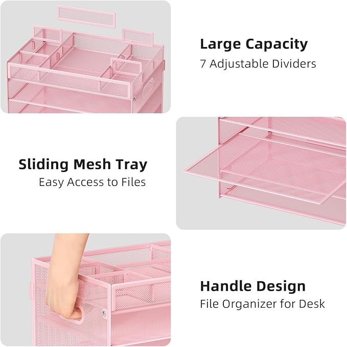 Marbrasse 5-Tier Letter Tray Paper Organizer with Handle, Multi-Functional Mesh File Organizer for Desk, Adjustable Compartments Mesh Desktop Storage for Office Supplies, Pink-DeskLoop Office