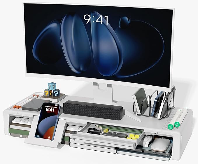 OImaster Monitor Stand Riser, Foldable Computer Monitor Riser, Adjustable Length Computer Stand and Storage Drawer & Pen Slot, Phone Stand Compatible Computer, Desktop, Laptop, Save Space (White)-DeskLoop Office