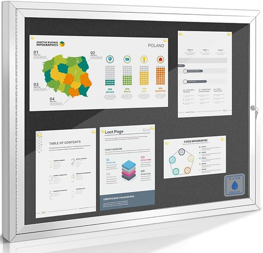 SWANCROWN Enclosed Bulletin Board Weatherproof 37x28in, Outdoor Lockable Bulletin Board Wall Display Case for Office School Commerce, Black Felt, Sliver Aluminum Frame (8xA4)-DeskLoop Office